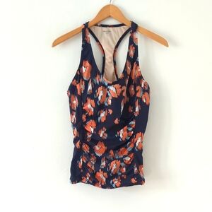 Garnet Hill Tankini Ruched Racerback Top Navy Blue Orange Turquoise size 10